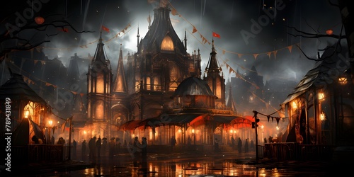 Illuminated old town in the fog at night  3D rendering