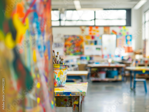 A blurred art classroom, splashes of color barely distinguishable, hinting at creativity and chaos