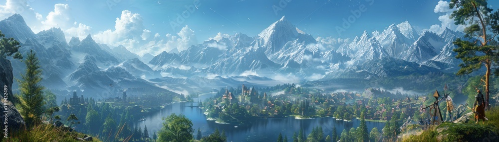 A beautiful landscape with snow-capped mountains, a lake, and a castle