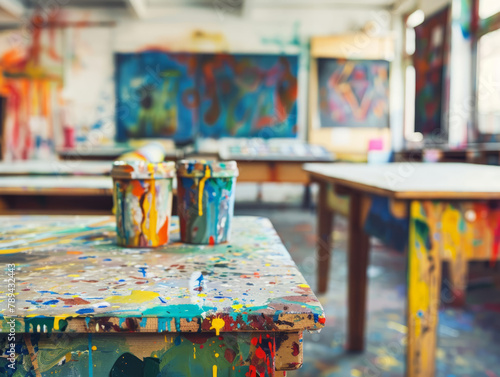 A blurred art classroom, splashes of color barely distinguishable, hinting at creativity and chaos