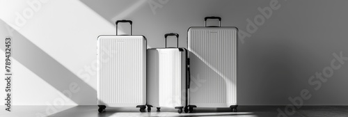 Two White Luggage mockup in empty room, Suitcase, baggage , highlighting its striking features, Graphic Design, digital composition with clean lines and bold typography photo