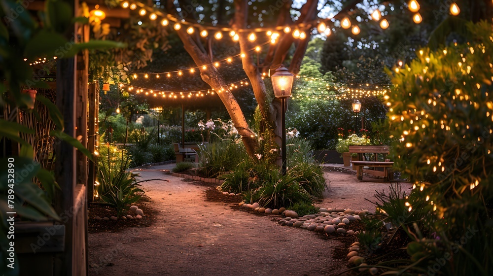 a garden with warm led lights soft bokeh