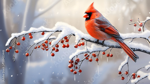 A striking red cardinal perched on a snow-covered branch during winter.