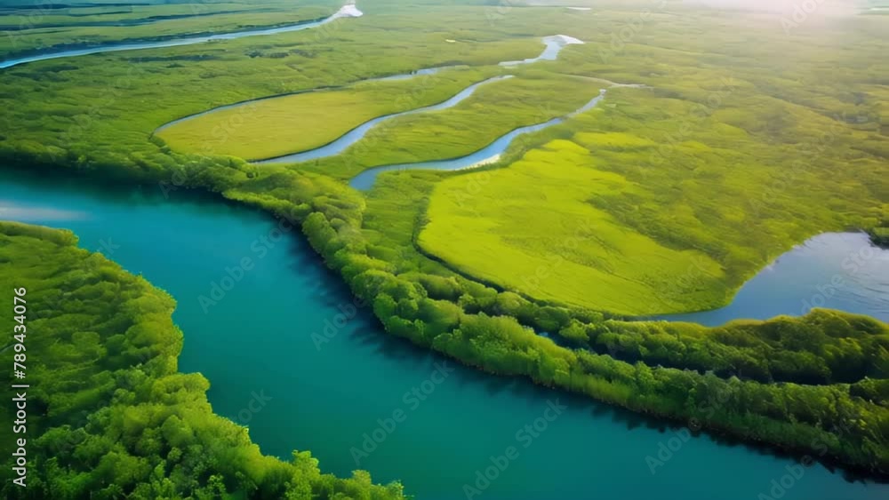 A landscape view of the river winding through green hills, with trees reflected in the water under a summer sky A landscape view of the river winding through green hills, with trees reflected in the water under a summer sky