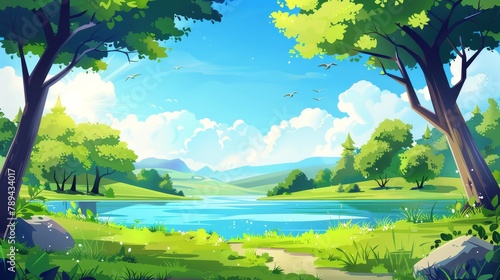 This is a modern illustration of a summer landscape. It features cartoon trees along a river bank  a footpath leading to water  birds flying high in the sky  hills on the horizon  and a blue lake.