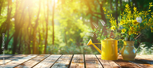 Beautiful summer garden background with yellow watering can, vases with plants on a wooden table with space for product against the background of sunlight and trees. Gardening background photo
