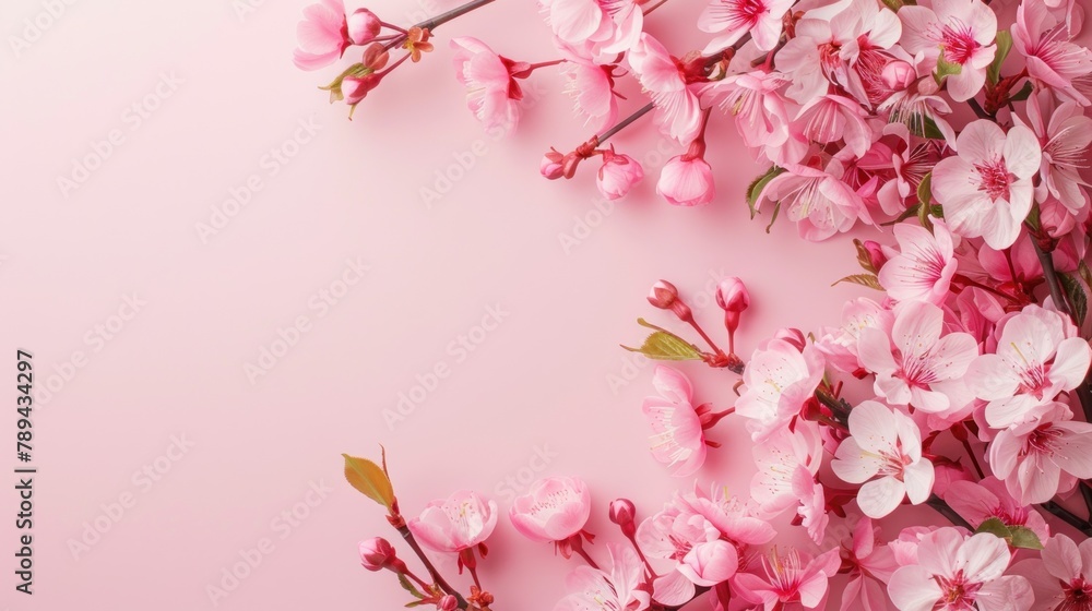 Delicate Cherry Blossoms on Pastel Pink Background. Springtime Elegance with Border Cherry Blossoms