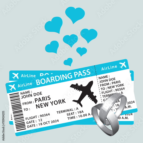 Honeymoon. Beautiful blue boarding passes with wedding rings and hearts. Hand drawn vector icon illustration V.