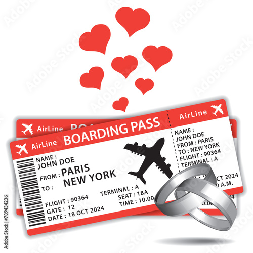 Honeymoon. Beautiful boarding passes with wedding rings and hearts. Hand drawn vector icon illustration iii.