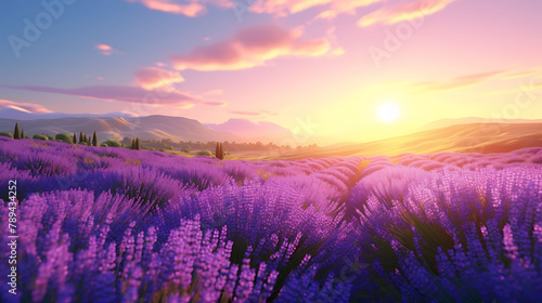 A sunlit field of lavender stretching toward the horizon.