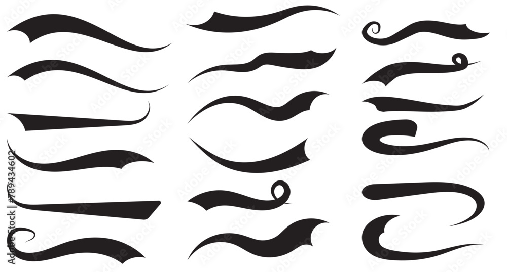 Set of Swoosh vector. Hand drawn swoosh elements, and swoop underline typography tails shape in flat styles. Set of ribbons. Design concept element collection. Set of Swoosh vector. Hand drawn swoosh elements, and swoop underline typography tails shape in flat styles. Set of ribbons. Design concept element collection.