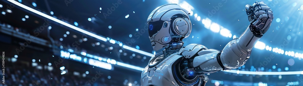 A robot with a white and gray body is standing in a stadium, raising its fist in victory. The stadium is lit up with bright lights, and the robot is surrounded by a crowd of cheering fans. A robot with a white and gray body is standing in a stadium, raising its fist in victory. The stadium is lit up with bright lights, and the robot is surrounded by a crowd of cheering fans.
