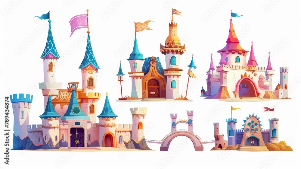 Imaginary castles, fairy tale palaces on white background with turrets, flags, bridges and domes. Arabic or European fantasy royal fortress. Cartoon modern illustration.