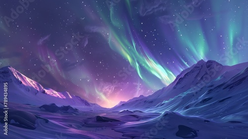 Glowing ribbons of emerald and lavender Northern Lights swirl above an icy untouched Arctic terrain under a star-studded sky