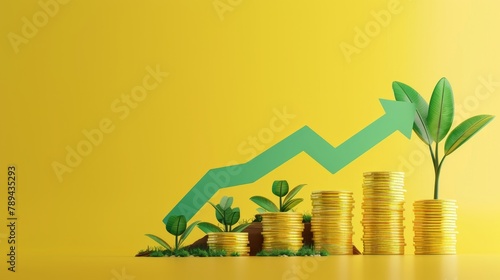 An illustration showing a green grow arrow on a yellow background with coins stacks. Financial growth, wealth, investments, savings, and stock or pension increases are all represented in this 3D