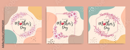 Mother's day social media post, invitation card, gift and banner with hand drawn spring flower decoration. Mothers day greeting flyer with floral background. Women’s day holiday celebration poster.
