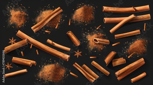 Set of cinnamon bark powder and strips scattered in various directions. Modern illustration of brown aromatic condiment isolated on black background.