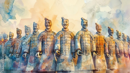 An army of terracotta warriors stands guard in an ancient Chinese tomb. photo