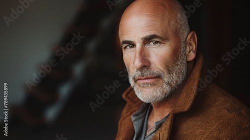 Successfull well-dressed mature bald businessman posing for camera wearing stylish mustard color velvet coat and scarf photo