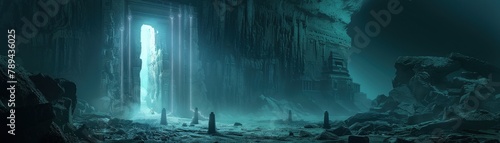 An epic fantasy landscape painting of a vast underground cavern with a glowing magical portal in the distance, crystals, and strange plants photo
