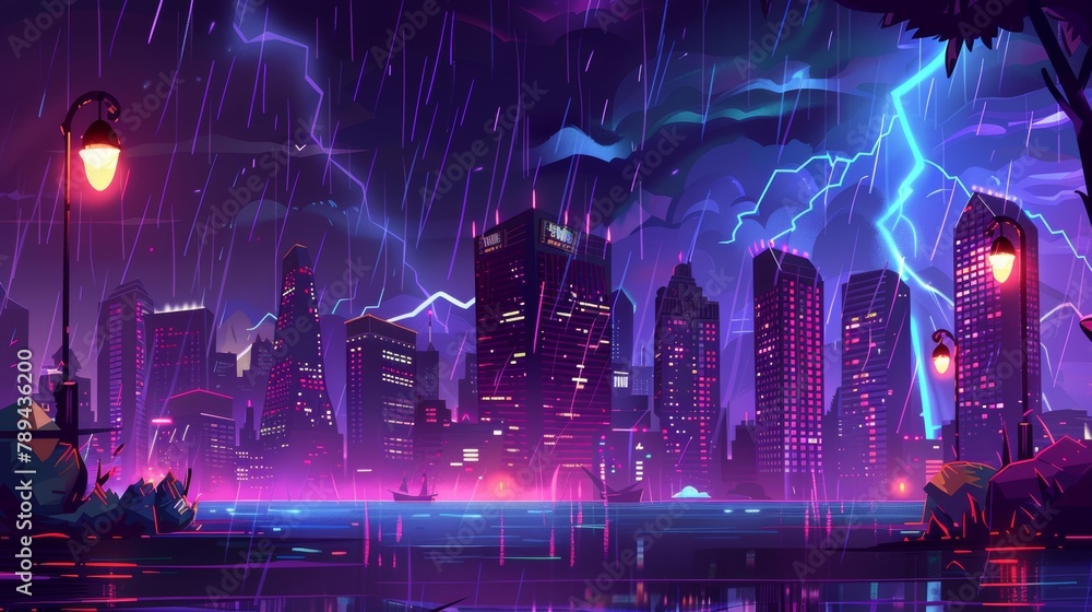 A night skyline view of the city from a lakeshore or bank, glowing street lamps, neon glowing skyscrapers, urban seaside architecture in a rstorm. Cartoon modern illustration of a night skyline view