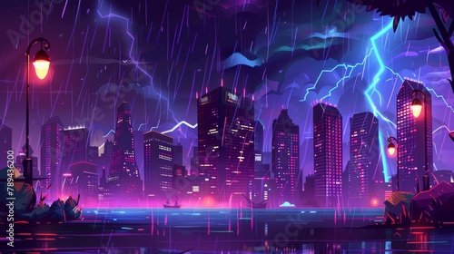 A night skyline view of the city from a lakeshore or bank, glowing street lamps, neon glowing skyscrapers, urban seaside architecture in a rstorm. Cartoon modern illustration of a night skyline view photo
