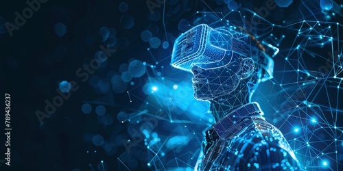 An abstract dark background with bright blue data dots and lines represents a digital figure wearing virtual reality glasses.