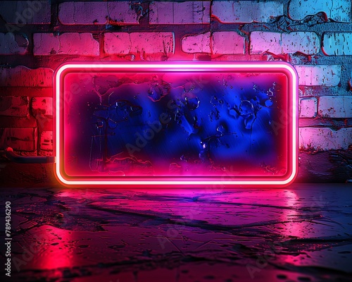 Neon frame on black brick wall background,黒レンガ壁の背景にネオンのフレーム,Generative AI