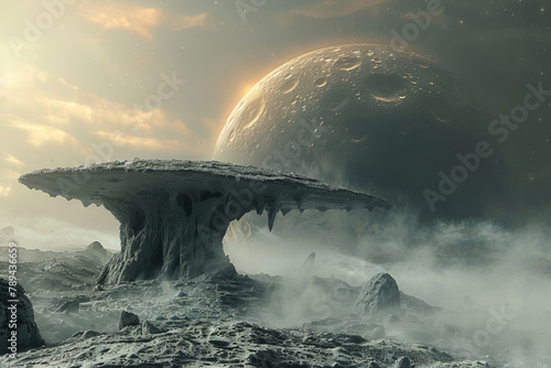 Other planet. The surface of an unknown planet with amazing surreal mountain landscapes. photo
