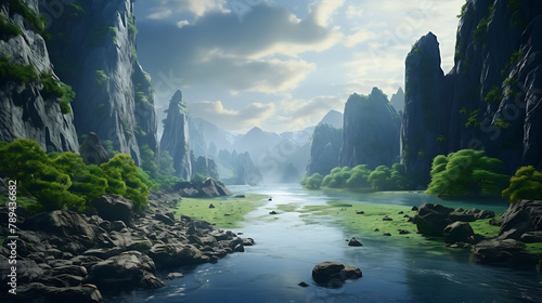 A tranquil scene of a winding river surrounded by towering cliffs and greenery.
