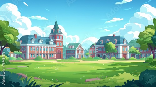 Summer landscape with school buildings, kindergarten and university with green grass and a playground, modern cartoon illustration. photo