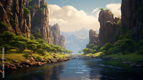 A tranquil scene of a winding river surrounded by towering cliffs and greenery.