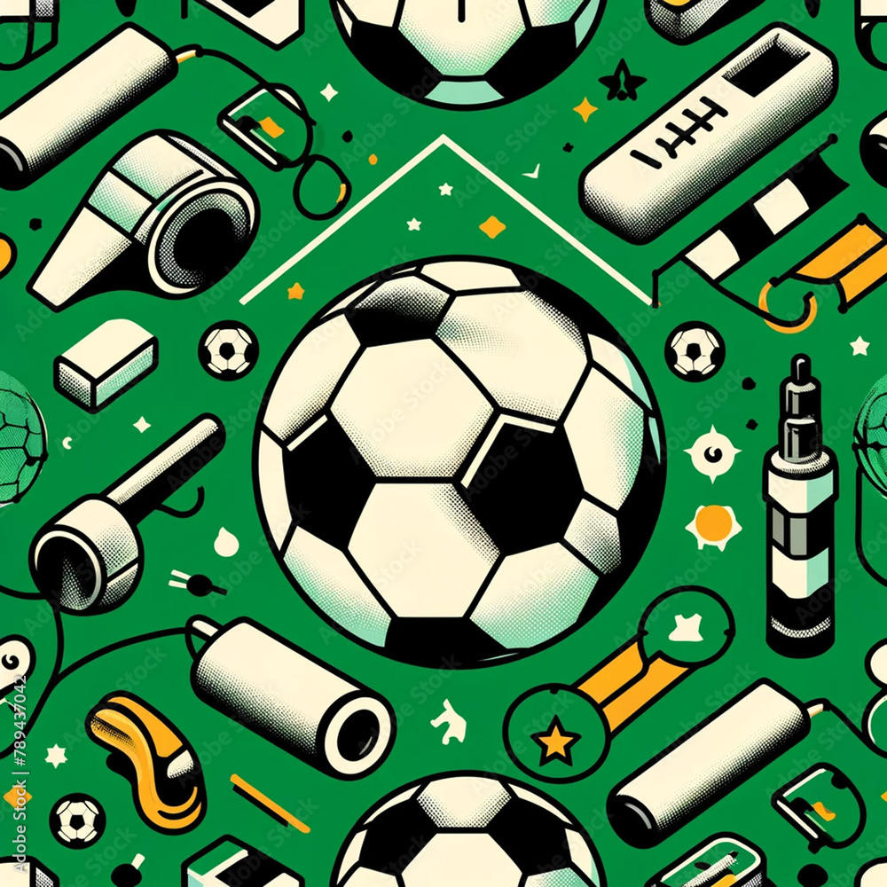 A seamless 2D vector style background pattern featuring soccer-themed elements.