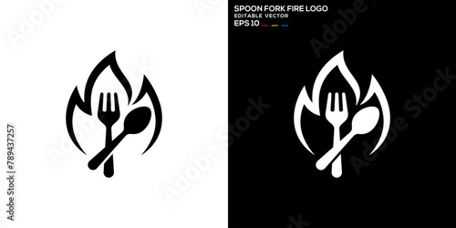 Vector design template of spoon, fork, fire logo, food, cutlery, hot, symbol icon EPS 10