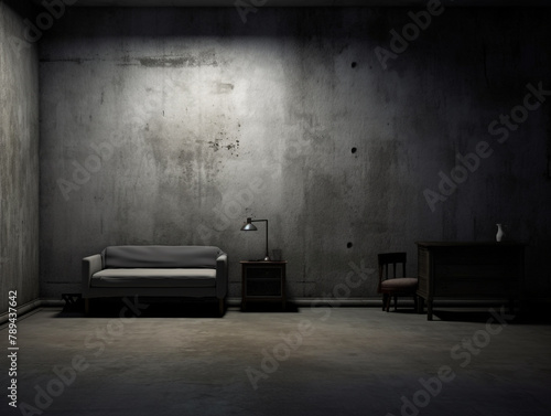 A dimly lit and creepy room. There was an old chair with a blank concrete wall behind it. photo