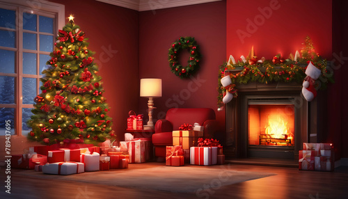 Beautiful red Christmas background with a decorated Christmas tree in the living room near the fireplace with lights and gifts.