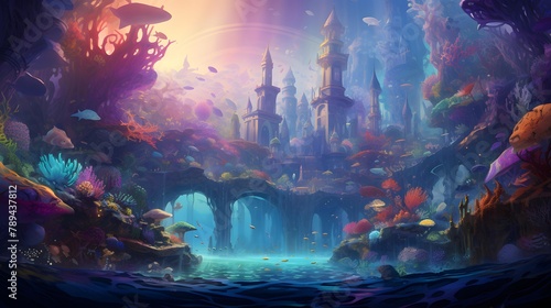 Fantasy underwater world with a bridge and a small island in the ocean. #789437812