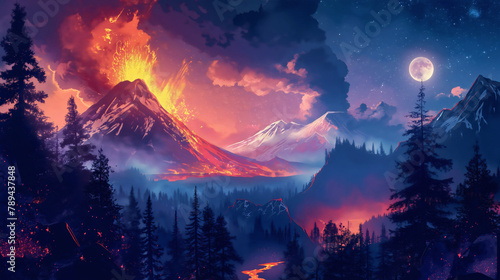 Illustration of the volcano eruption, lava flow, fire and smoke on mountain and forest wild landscape scene. Hot red or orange magma explosion, dangerous natural disaster, night sky