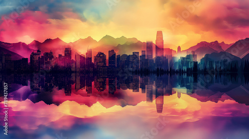 A painting of a colorful cityscape at sunset with a body of water in front reflecting the colors of the sky.