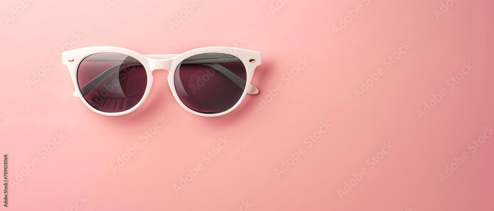 A flat lay of white sunglasses on a pastel pink background. This is a 3D rendering. A flat lay of white sunglasses on a pastel pink background. This is a 3D rendering.