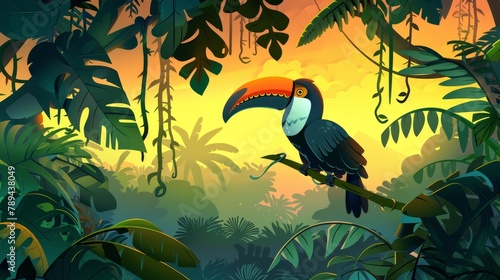 Tropical forest with toucan on tree. Modern illustration of exotic bird sitting on branch in green rainforest with lianas and plants lit by orange sunset light. Background for adventure games.
