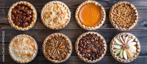 Overhead view of classic autumn pies including pumpkin, pecan, and apple crumble.