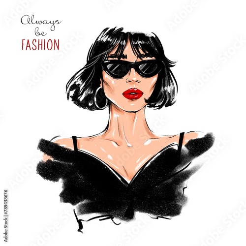 Beautiful brunette hair woman with red lips. Fashion sketch. Pretty girl in sunglasses. Fashion illustration 