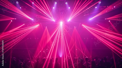 The abstract rendering shows 3d red light party laser effect on disco concert show in nightclub. The illustration displays a magic beam neon glow celebration theme. The illustration presents an