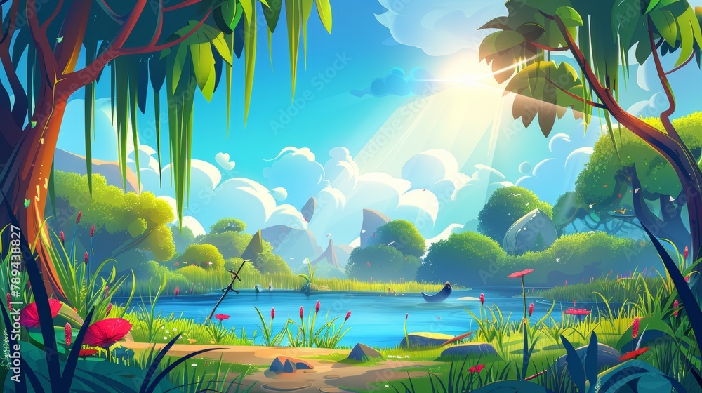 Cartoon reed cartoon modern scene in a forest. Landscape illustration ...
