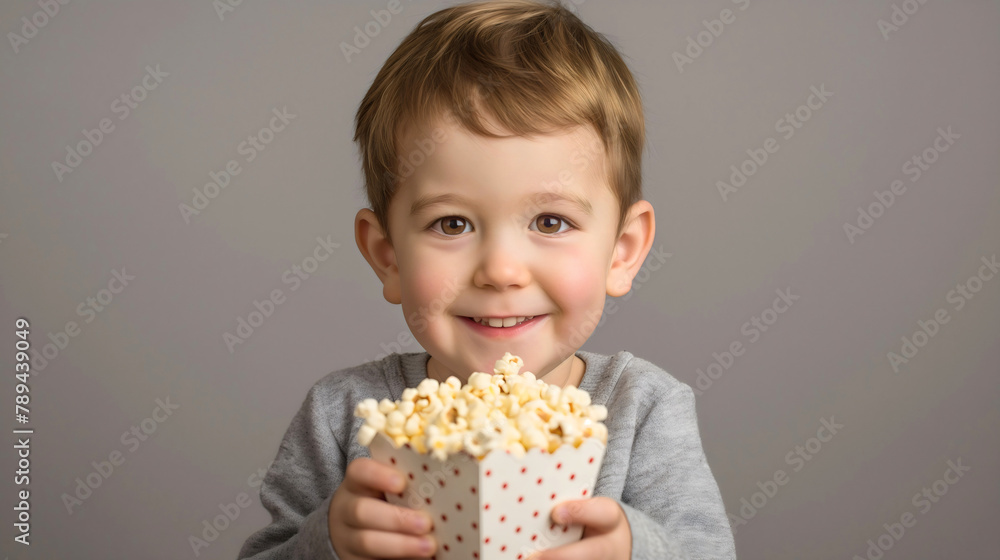 Cute little toddler boy studio portrait, holding a cardboard basket or bucket full of popcorn food snack for spectator to eat during the entertainment in theater or cinema, smiling at camera Cute little toddler boy studio portrait, holding a cardboard basket or bucket full of popcorn food snack for spectator to eat during the entertainment in theater or cinema, smiling at camera