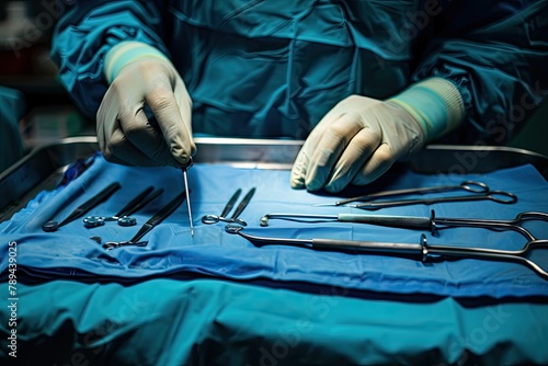 A surgeon is holding a pair of scissors and a scalpel on a blue surgical table. The table is covered with various surgical instruments, including a pair of tweezers and a pair of forceps photo