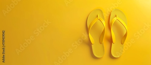 Yellow flip-flops on a yellow background. Summer concept rendered in 3D. photo