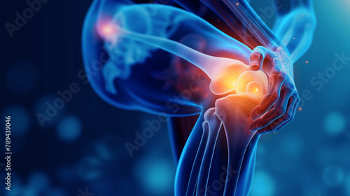Blue 3d medical x-ray anatomy of the knee pain. Leg joint and bone injury, arthritis patient inflammation, sport athlete broken tendon, red area, copy space