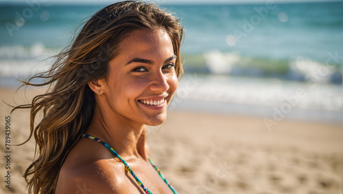 Gorgeous brazilian woman wearing a bikini on the beautiful beach smiling while looking at the camera
